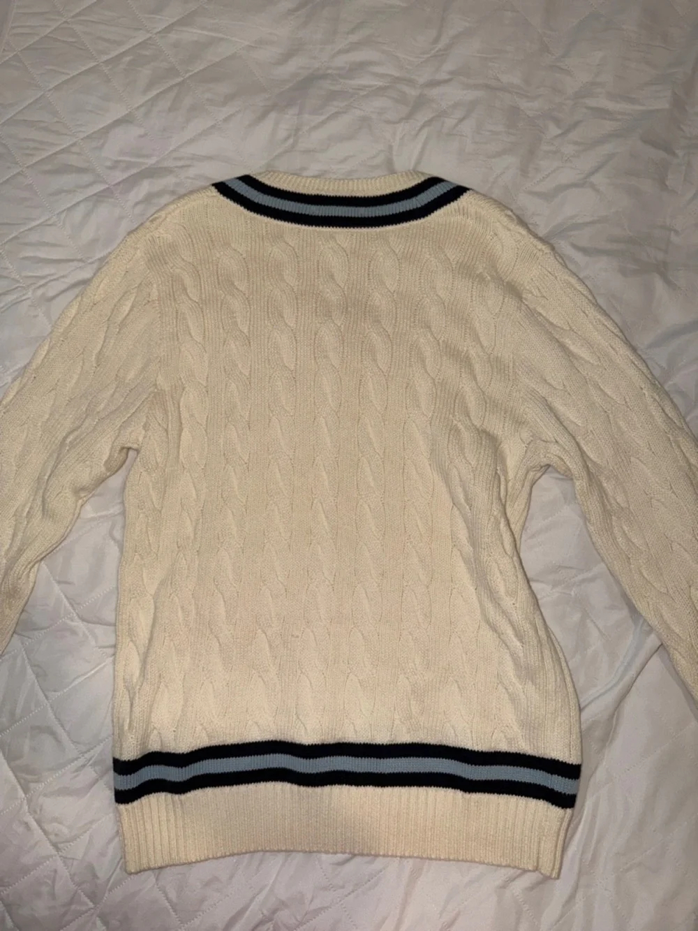 Polo by Ralph Lauren Cream Cable-Knit V-Neck Sweater with Blue Stripes - Picture 3 of 5